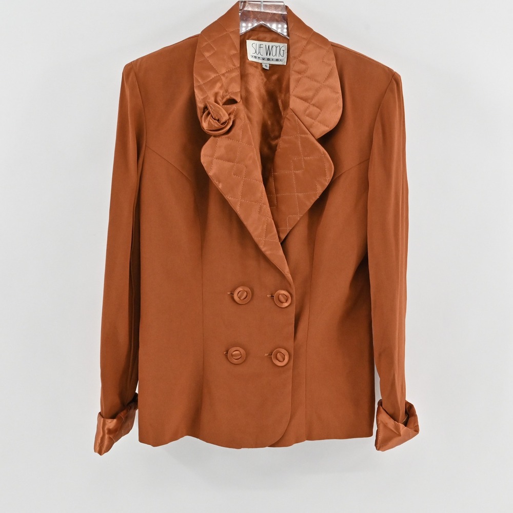 Vtg 80s Sue‎ Wong Womens Quilted Blazer Size S Brown Rosette Satin Quiet Luxury